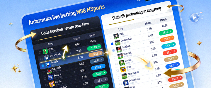 Antarmuka live betting M88 MSports yang menampilkan odds yang berubah secara real-time dan statistik pertandingan langsung