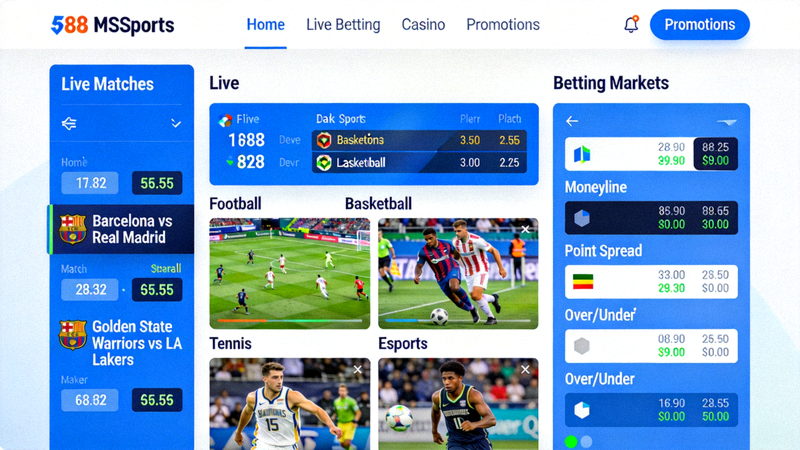 Tampilan dashboard M88 MSports yang menunjukkan berbagai pertandingan olahraga dan pasar taruhan yang tersedia